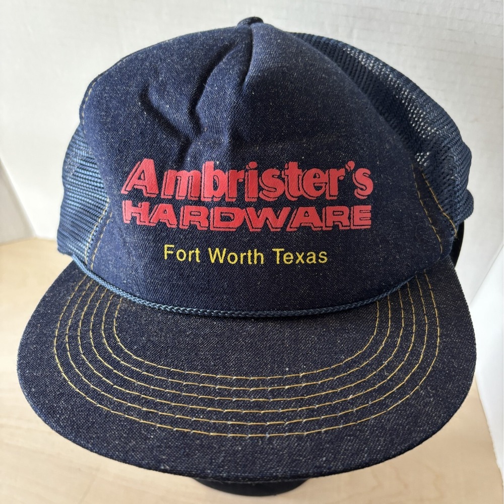 Vtg Trucker Cap Hat Ambrister's Hardware Snapback Denim Philippines Ft Worth TX